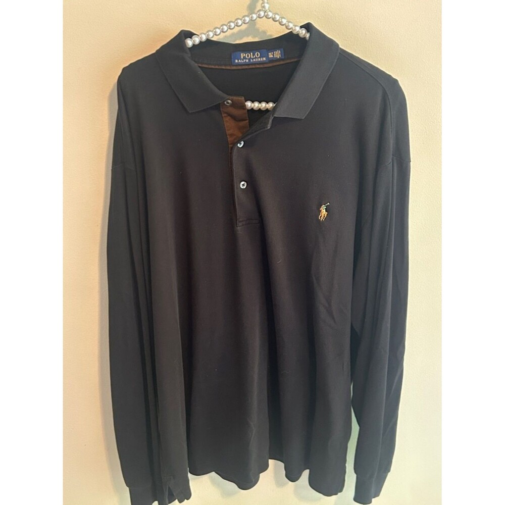 Polo Ralph Lauren Long Sleeve Polo Shirt XLT Black Brown Trim